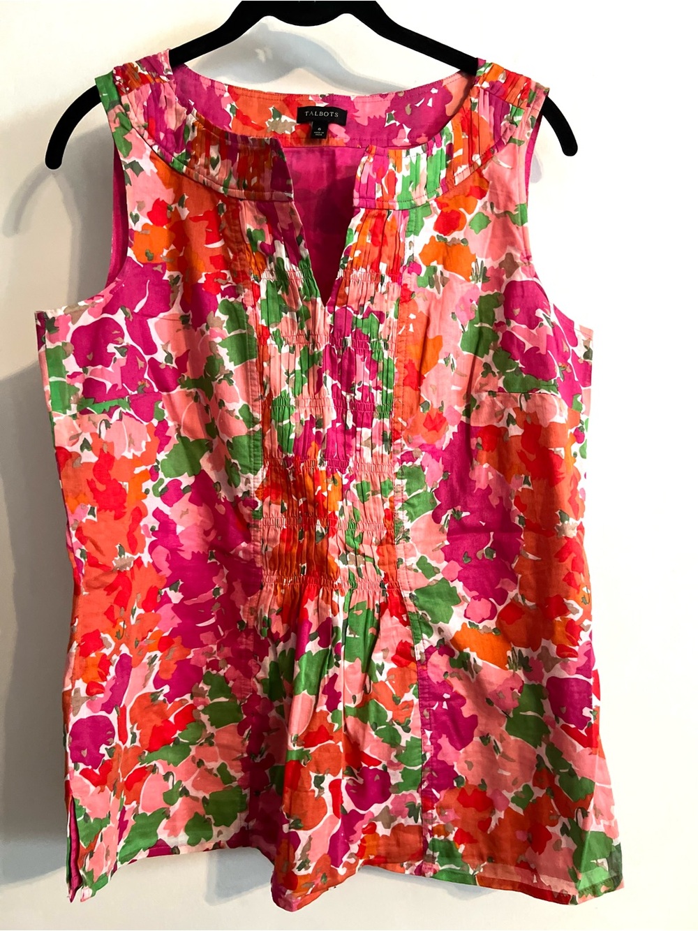 Talbots Pink Orange Green Floral Pintuck Sleeveless Top-Size 6